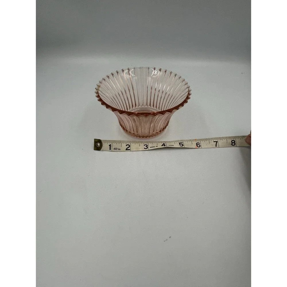 Pink Pressed Glass Ribbed Round Bowl Scalloped Rim 6 in Diameter